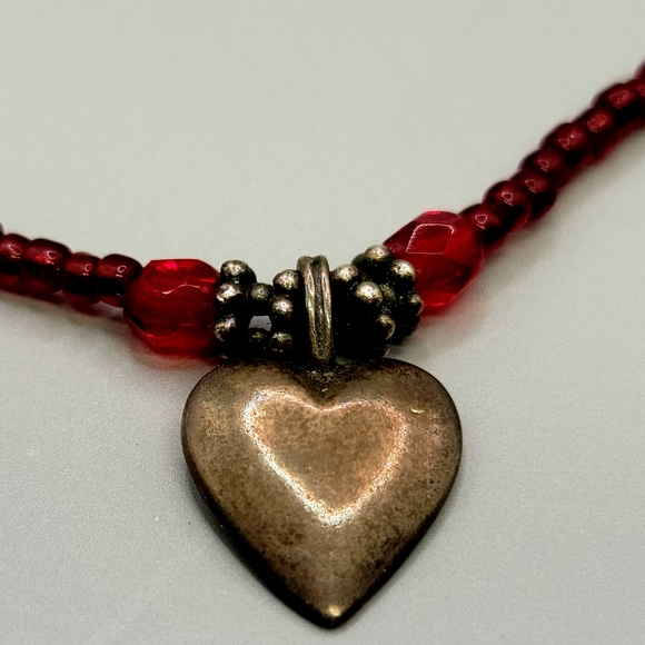 Sterling Silver red seed bead heart necklace signed IFS STER - Picture 2 of 6